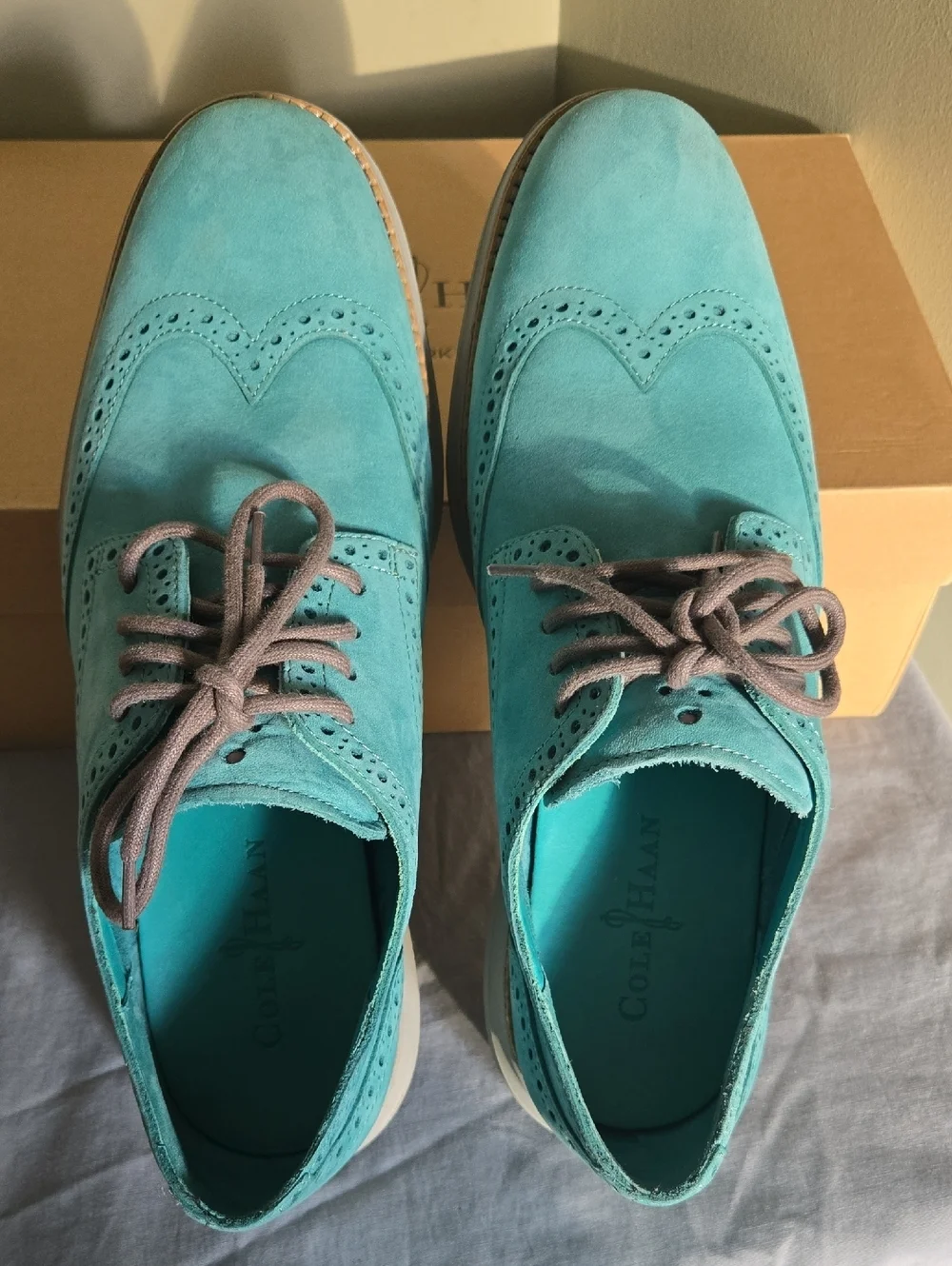 Men's Cole Haan Lunargrand Wingtip Turquoise Suede  Oxfords Sz 9.5